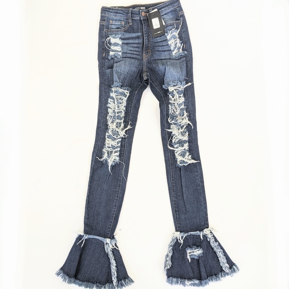 Fashion Nova High Waisted Bell Bottom Distressed Jeans